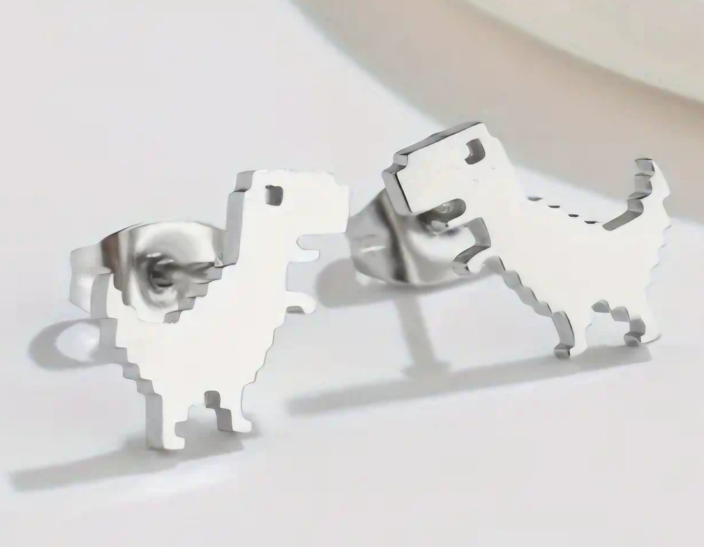 Adorable Dinosaur Pixel T-Rex Design Silver Plated Stainless Steel Small Teeny Stud Earrings