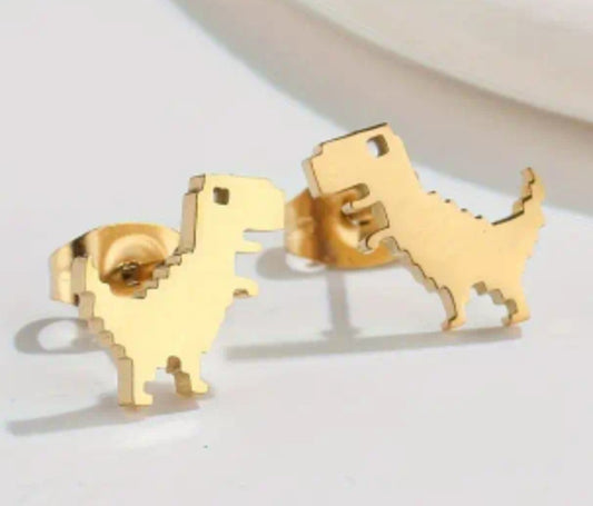 Adorable Dinosaur Pixel T-Rex Design Gold Plated Stainless Steel Small Teeny Stud Earrings