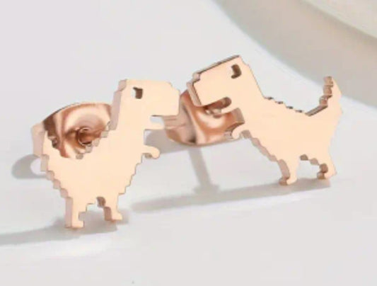 Adorable Dinosaur Pixel T-Rex Design Rose Gold Plated Stainless Steel Small Teeny Stud Earrings