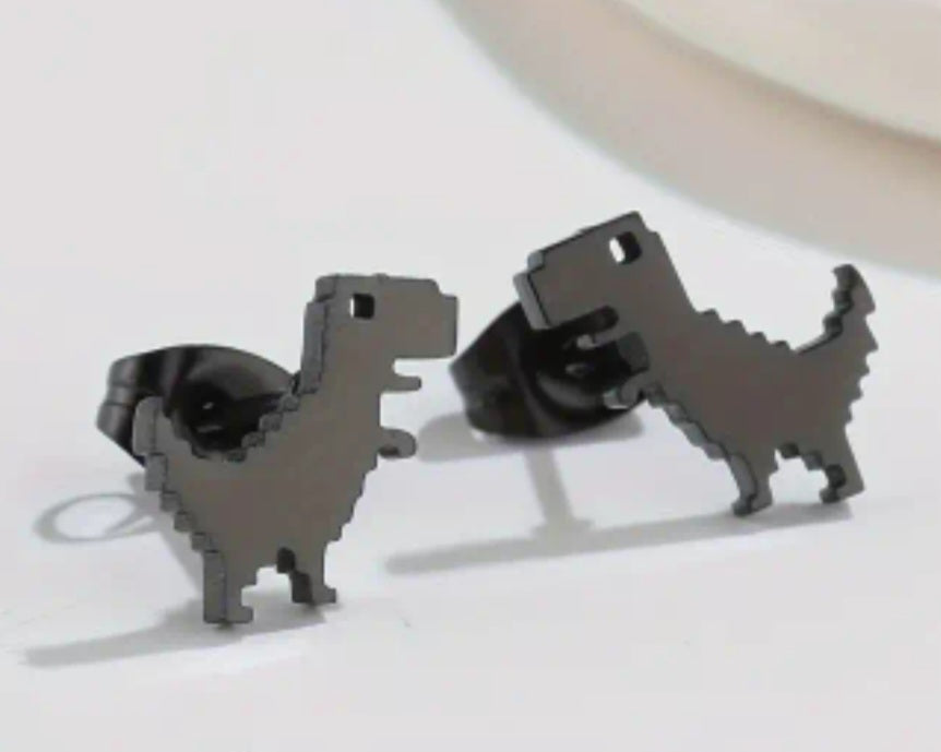 Adorable Dinosaur Pixel T-Rex Design Black Plated Stainless Steel Small Teeny Stud Earrings