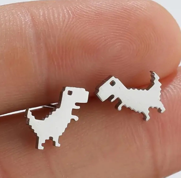 Adorable Dinosaur Pixel T-Rex Design Silver Plated Stainless Steel Small Teeny Stud Earrings