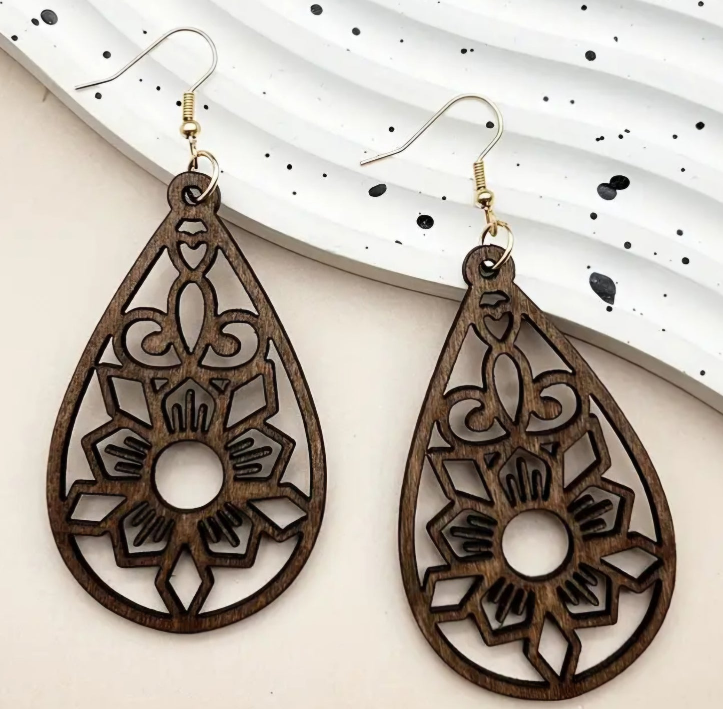 Boho Chic Floral Teardrop Design Coffee Brown Wooden Lightweight Large Drop Dangle Earrings