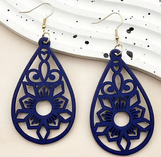 Boho Chic Floral Teardrop Design Royal Blue Wooden Lightweight Large Drop Dangle Earrings