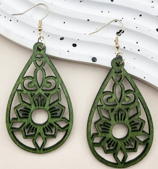 Boho Chic Floral Teardrop Design Forrest Green Wooden Lightweight Large Drop Dangle Earrings