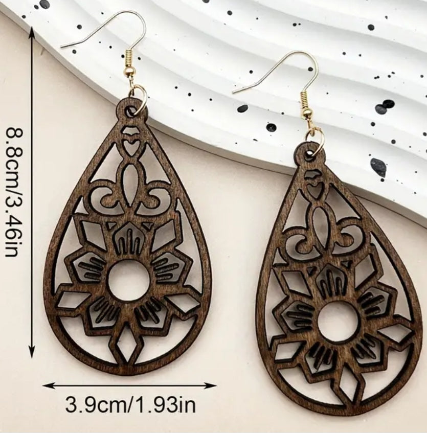 Boho Chic Floral Teardrop Design Coffee Brown Wooden Lightweight Large Drop Dangle Earrings