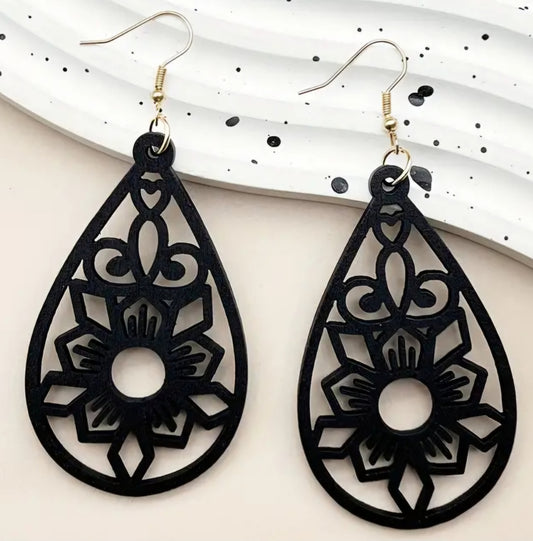 Boho Chic Floral Teardrop Design Black Wooden Lightweight Large Drop Dangle Earrings