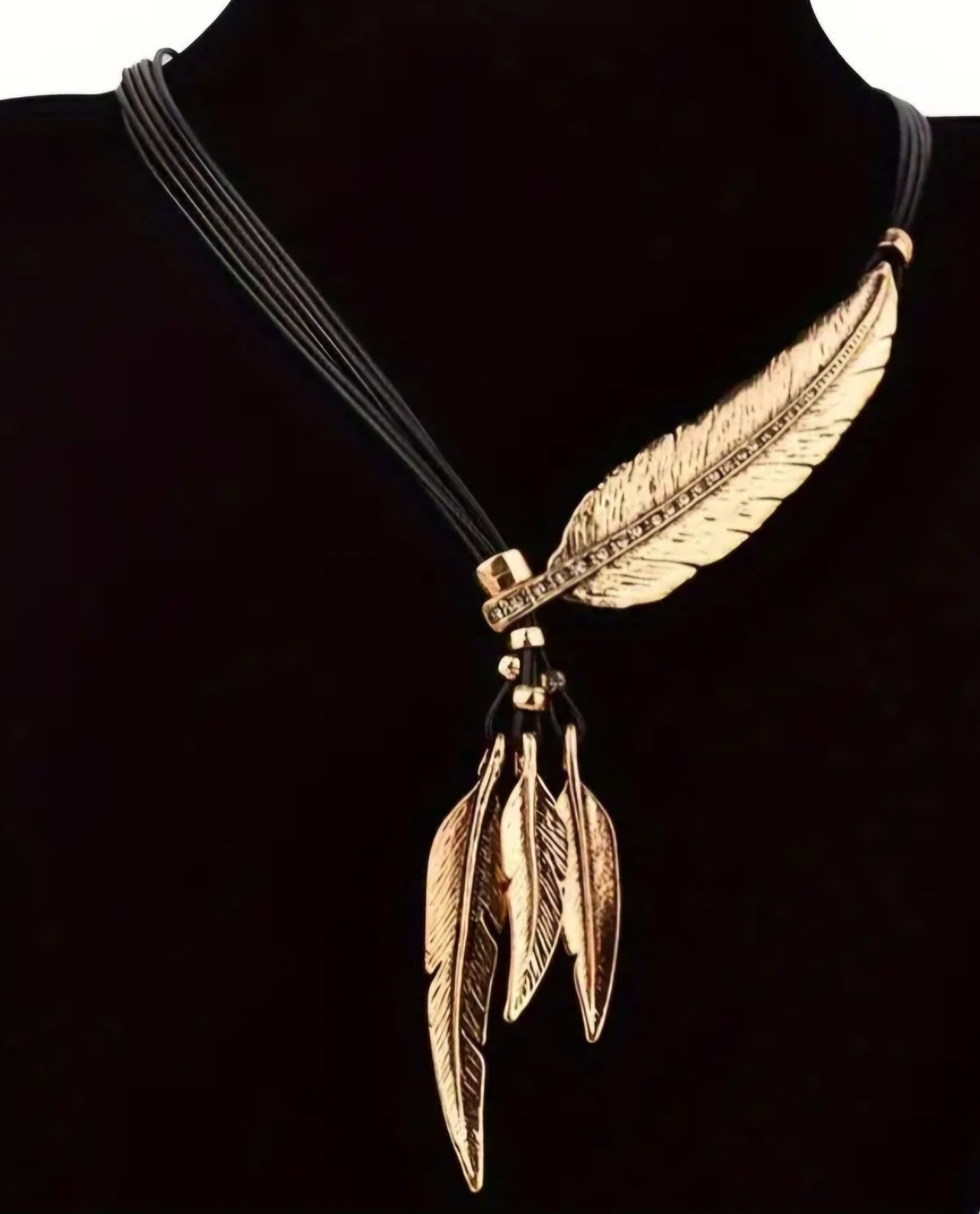 Antique Gold Plated And Rhinestone Inlay Metal Feather Design On Black Vegan PU Leather Cord Necklace