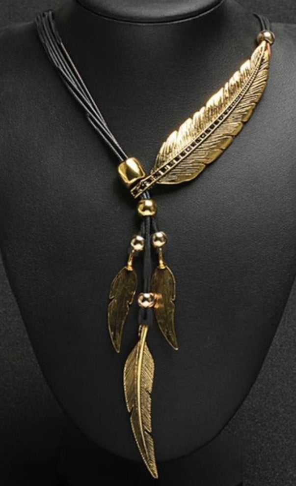 Antique Gold Plated And Rhinestone Inlay Metal Feather Design On Black Vegan PU Leather Cord Necklace