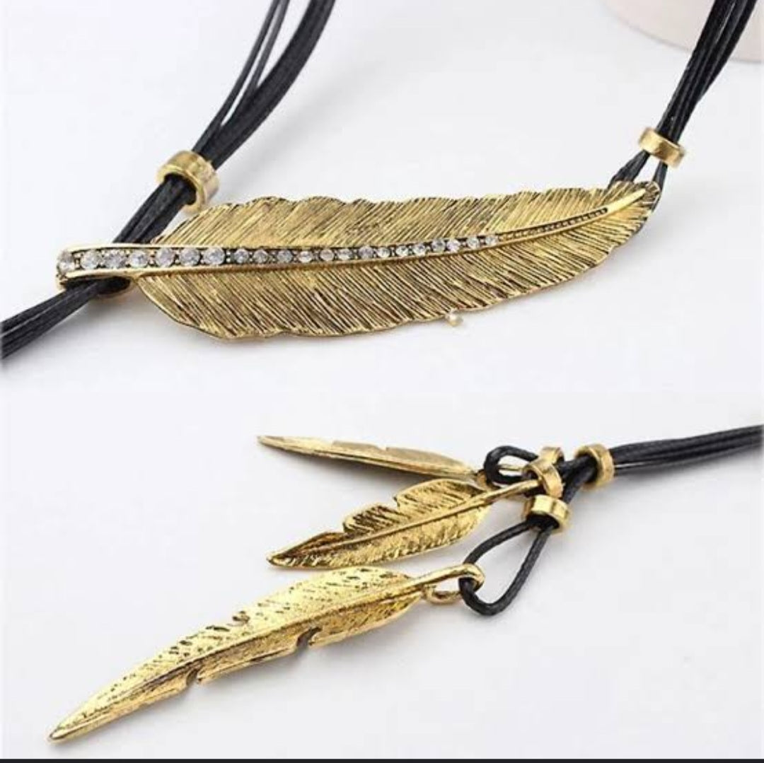 Antique Gold Plated And Rhinestone Inlay Metal Feather Design On Black Vegan PU Leather Cord Necklace