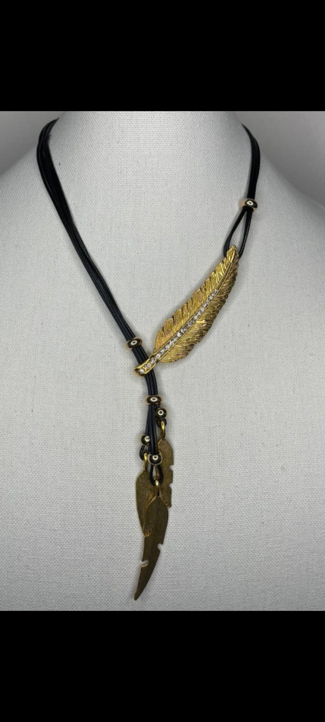 Antique Gold Plated And Rhinestone Inlay Metal Feather Design On Black Vegan PU Leather Cord Necklace