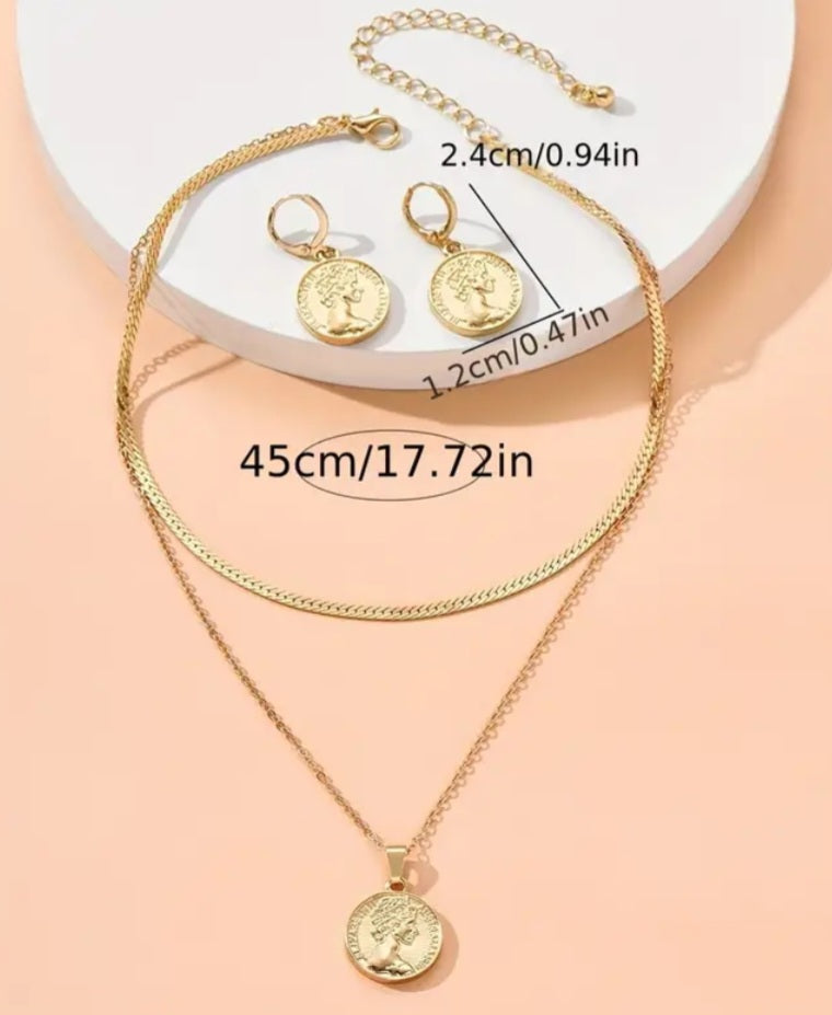 Australian Queen Elizabeth Penny Coin Design Gold Plated Alloy Double Necklace Earrings Set