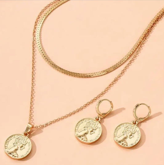 Australian Queen Elizabeth Penny Coin Design Gold Plated Alloy Double Necklace Earrings Set