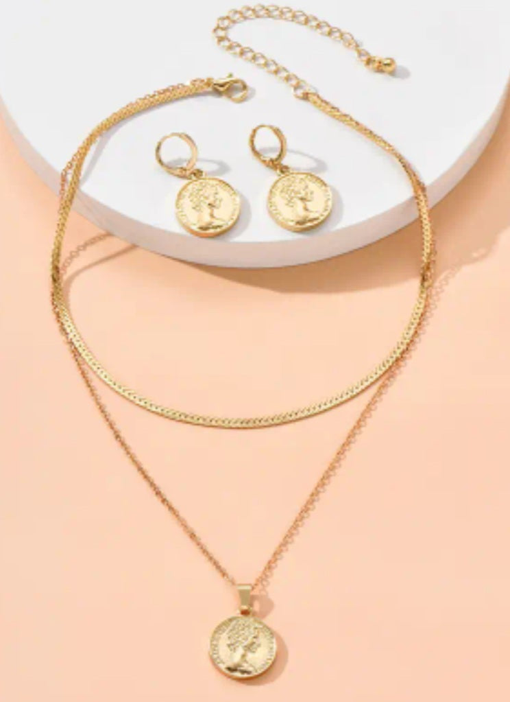 Australian Queen Elizabeth Penny Coin Design Gold Plated Alloy Double Necklace Earrings Set