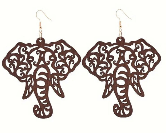 Extra Large Giant Elephant Fancy Design Good Fortune Coffee Brown Wooden Lightweight Drop Dangle Earrings