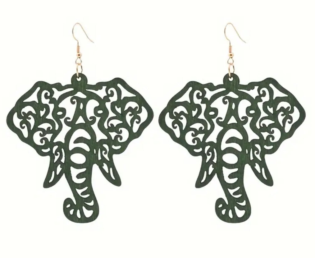 Extra Large Giant Elephant Fancy Design Good Fortune Forrest Green Wooden Lightweight Drop Dangle Earrings