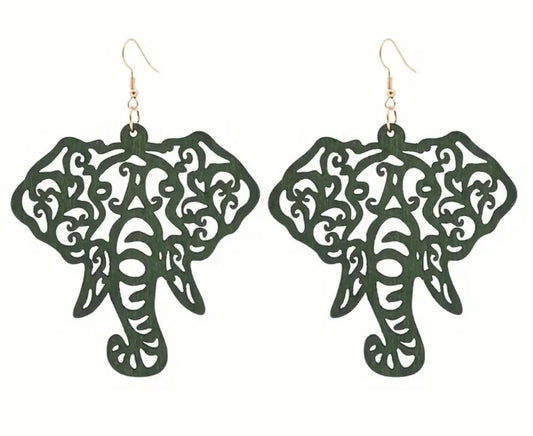 Extra Large Giant Elephant Fancy Design Good Fortune Forrest Green Wooden Lightweight Drop Dangle Earrings