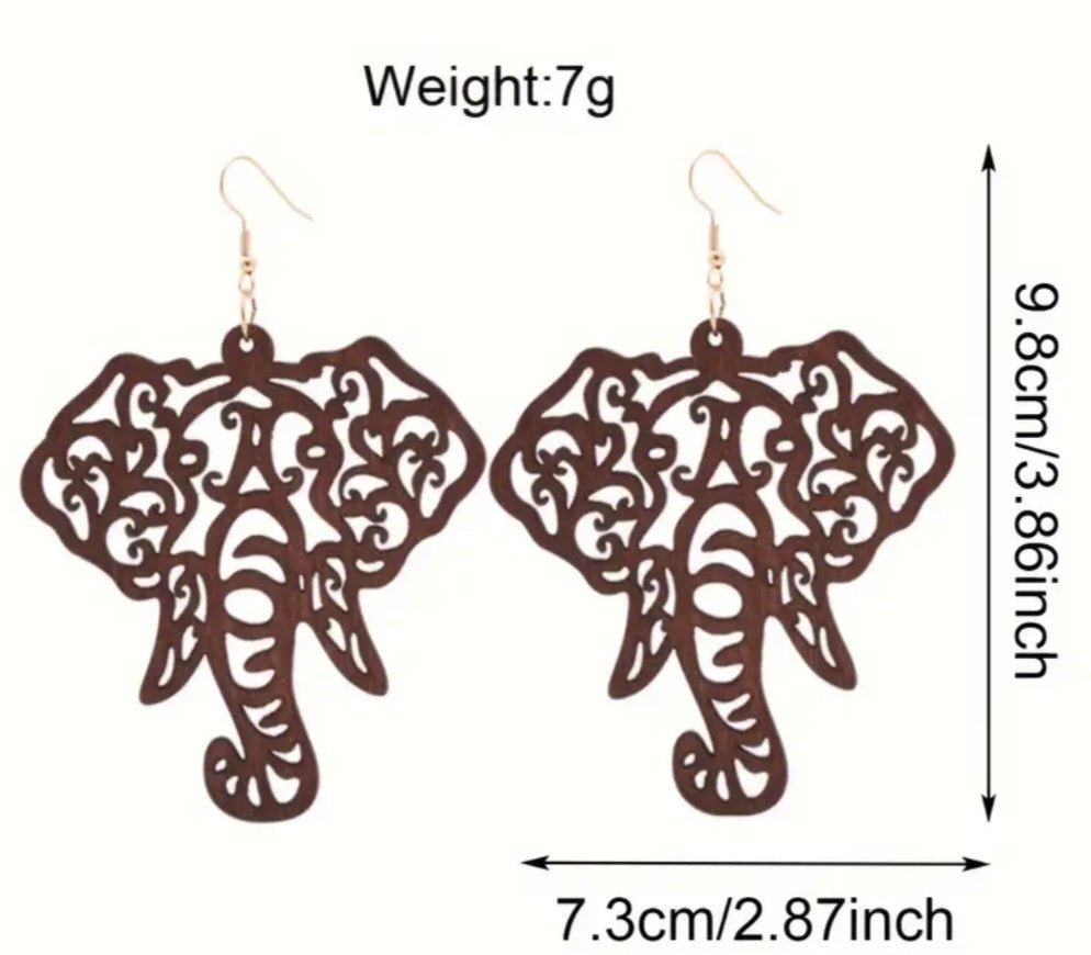 Extra Large Giant Elephant Fancy Design Good Fortune Coffee Brown Wooden Lightweight Drop Dangle Earrings