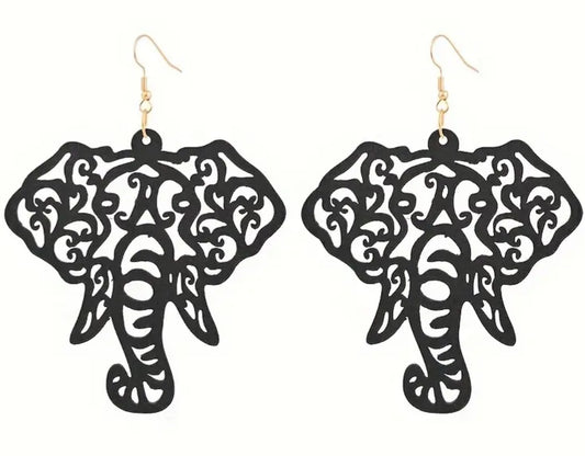 Extra Large Giant Elephant Fancy Design Good Fortune Black Wooden Lightweight Drop Dangle Earrings