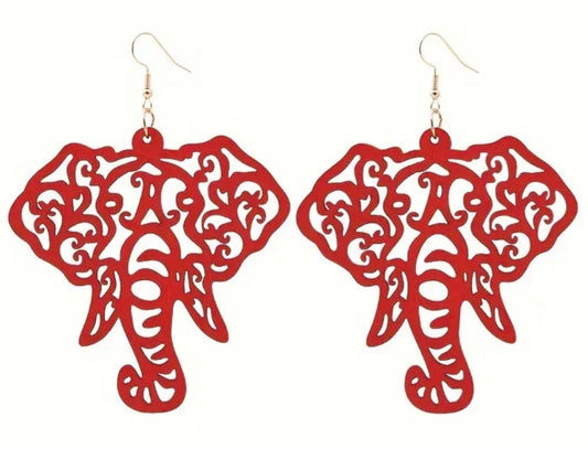 Extra Large Giant Elephant Fancy Design Good Fortune Red Wooden Lightweight Drop Dangle Earrings