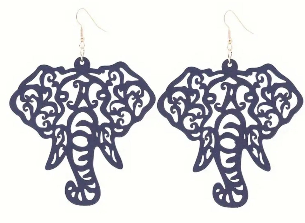 Extra Large Giant Elephant Fancy Design Good Fortune Navy Blue Wooden Lightweight Drop Dangle Earrings