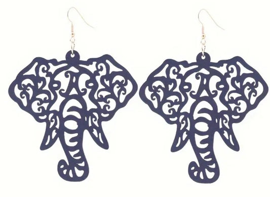 Extra Large Giant Elephant Fancy Design Good Fortune Navy Blue Wooden Lightweight Drop Dangle Earrings