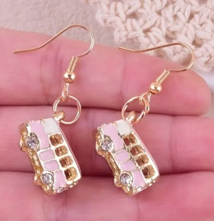 Combi Van Mini Bus Pink Enamel Painted Rhinestone Accent Gold Plated Dangle Earrings