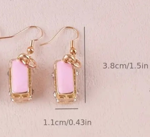 Combi Van Mini Bus Pink Enamel Painted Rhinestone Accent Gold Plated Dangle Earrings