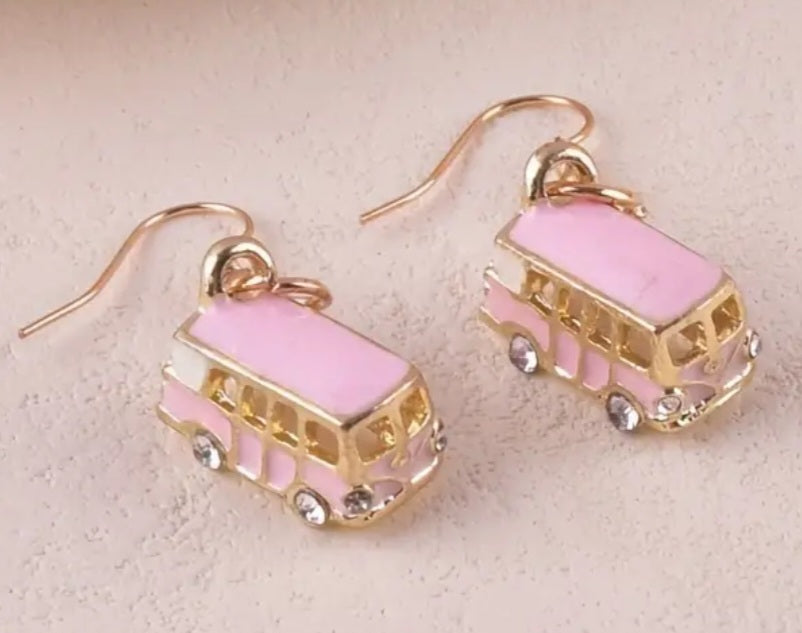 Combi Van Mini Bus Pink Enamel Painted Rhinestone Accent Gold Plated Dangle Earrings