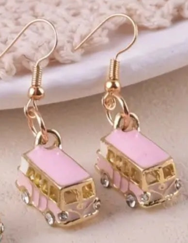 Combi Van Mini Bus Pink Enamel Painted Rhinestone Accent Gold Plated Dangle Earrings