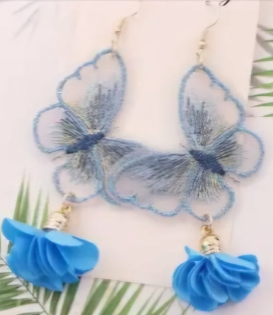 Boho Embroidered Blue Butterfly Lace Design With Floral Flower Drops Large Dangle Earrings