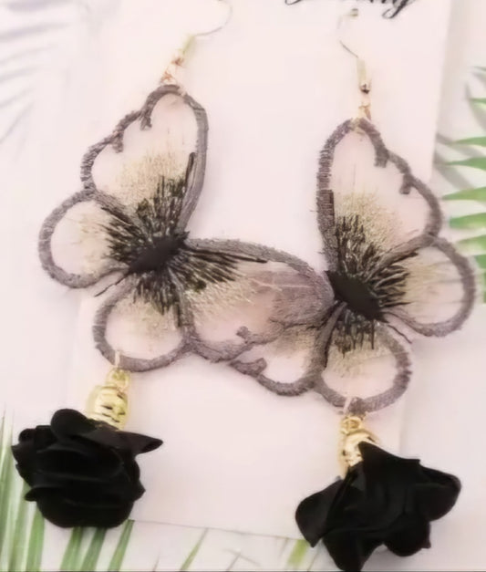 Boho Embroidered Black Butterfly Lace Design With Floral Flower Drops Large Dangle Earrings