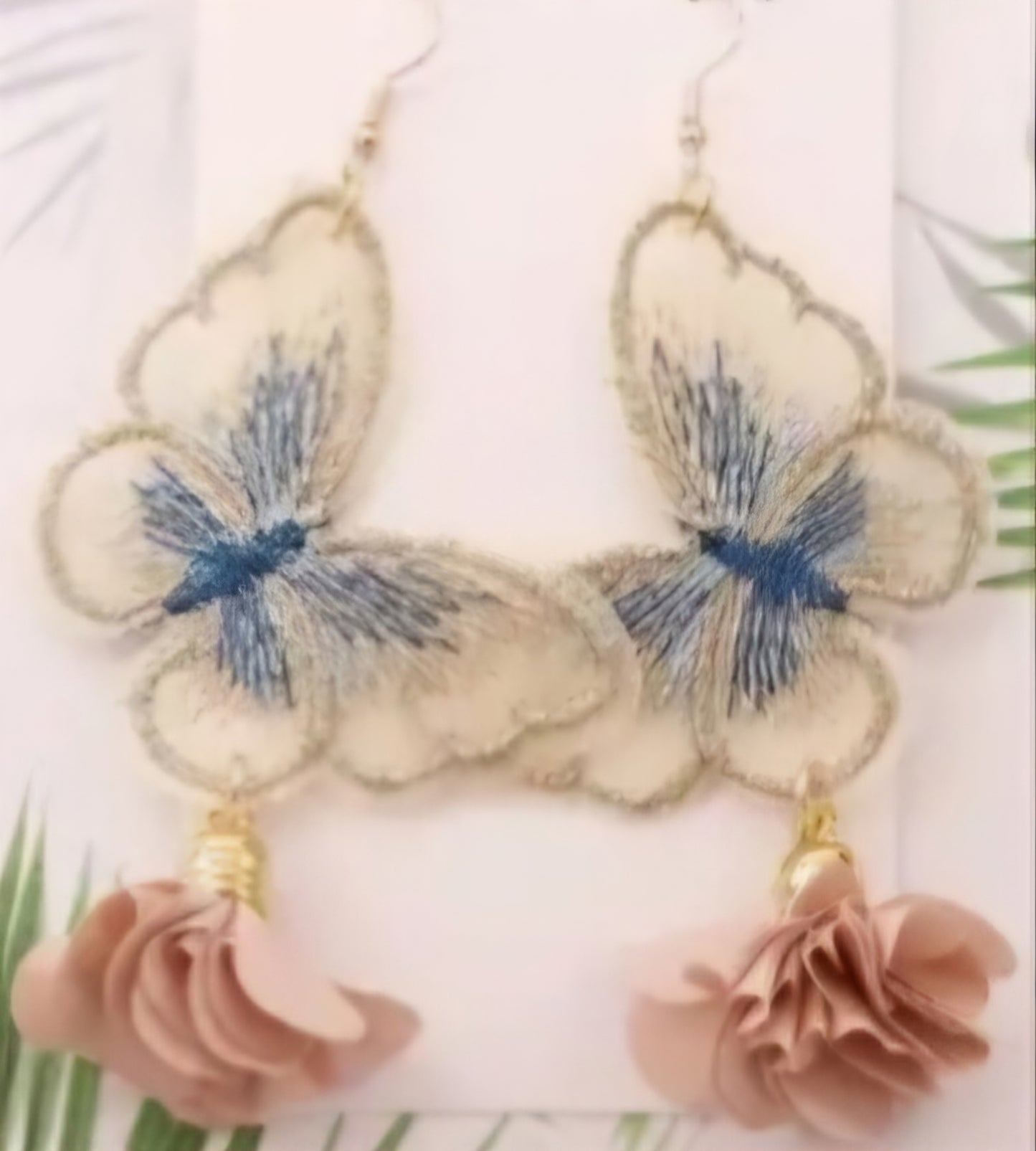 Boho Embroidered Champagne Blue Butterfly Lace Design With Floral Flower Drops Large Dangle Earrings