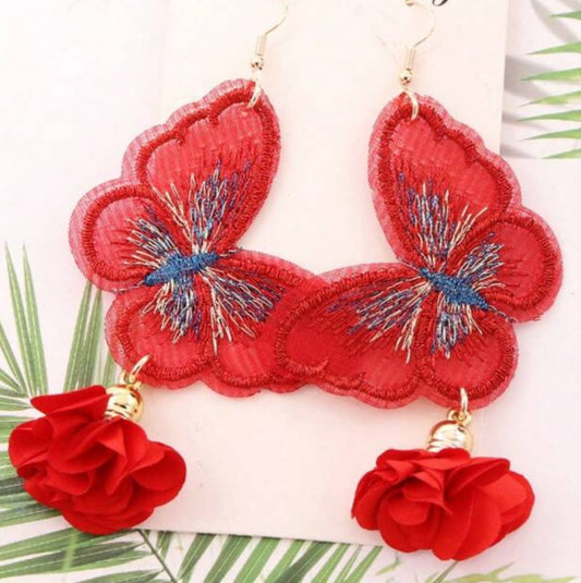 Boho Embroidered Red Butterfly Lace Design With Floral Flower Drops Large Dangle Earrings