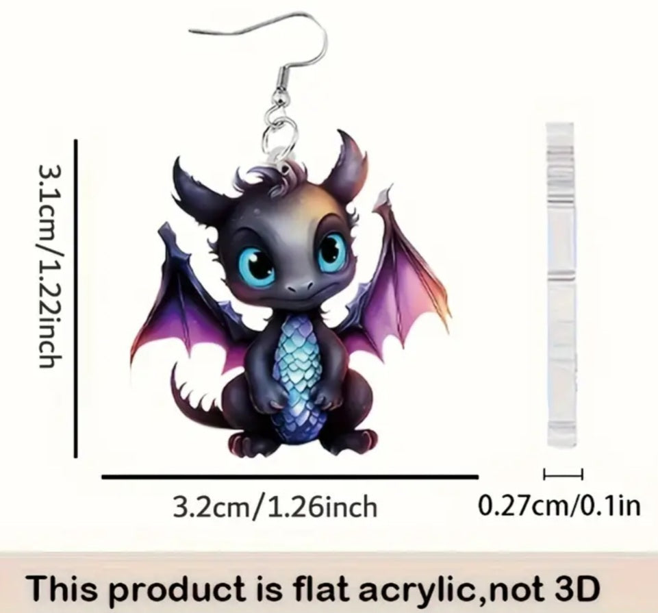 Acrylic Cute Baby Black Dragon Design Drop Dangle Earrings