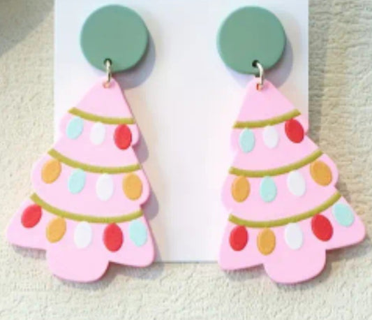 Acrylic Christmas Tree Design Festive Pastel Pink Large Drop Dangle Earrings