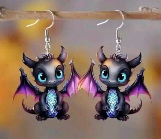 Acrylic Cute Baby Black Dragon Design Drop Dangle Earrings