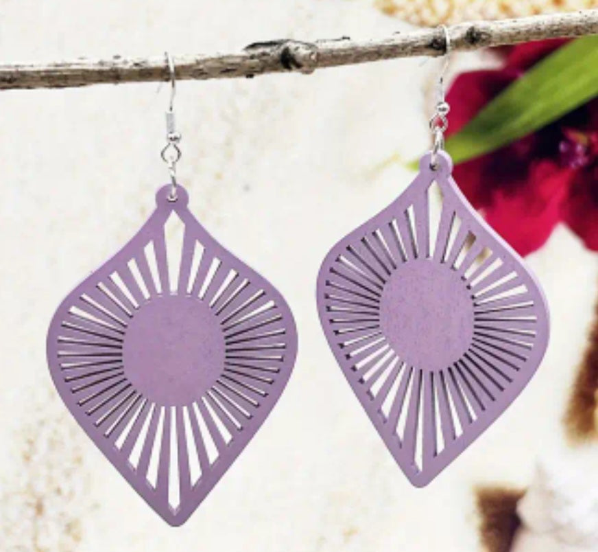 Boho Extra Large Fan Tear Drop Design Lilac Purple Wooden Lightweight Drop Dangle Earrings