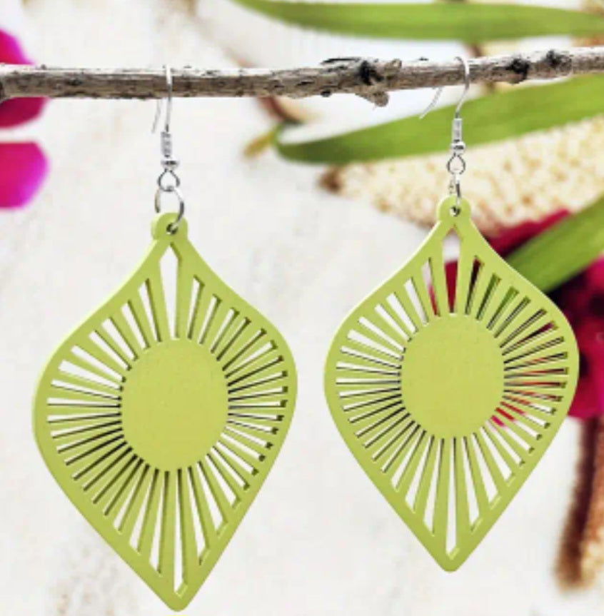 Boho Extra Large Fan Tear Drop Design Light Lime Green Wooden Lightweight Drop Dangle Earrings