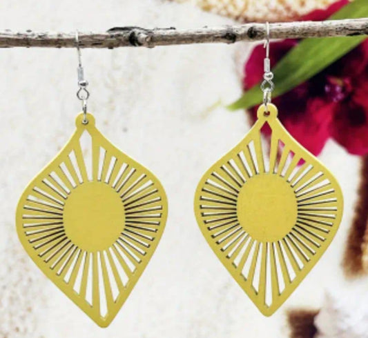 Boho Extra Large Fan Tear Drop Design Sunshine Yellow Wooden Lightweight Drop Dangle Earrings