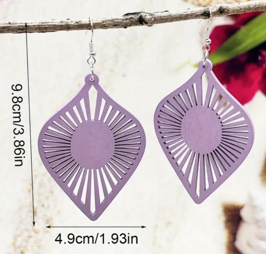 Boho Extra Large Fan Tear Drop Design Lilac Purple Wooden Lightweight Drop Dangle Earrings