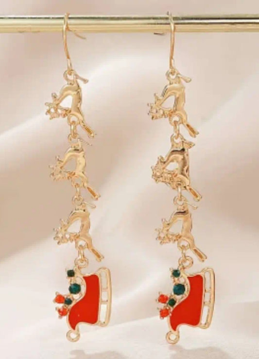 Christmas Festive Reindeer Sleigh Design Gold Plated Rhinestone Inlay Drop Earrings