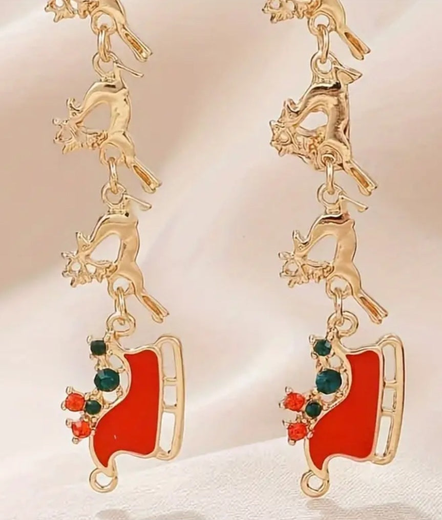 Christmas Festive Reindeer Sleigh Design Gold Plated Rhinestone Inlay Drop Earrings