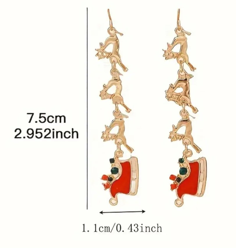 Christmas Festive Reindeer Sleigh Design Gold Plated Rhinestone Inlay Drop Earrings