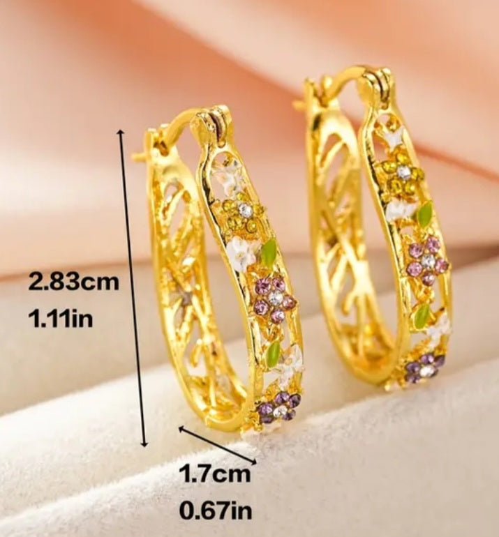 Floral Flower Design Zircon Inlay Huggie Style Oval Rose Gold Plated Hoop Drop Earrings