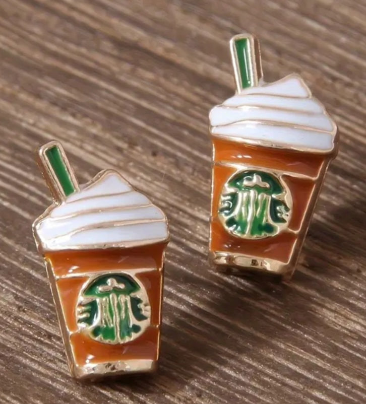 Enamel Iced Coffee Frappe Starbucks Inspired Design Metal Stud Earrings