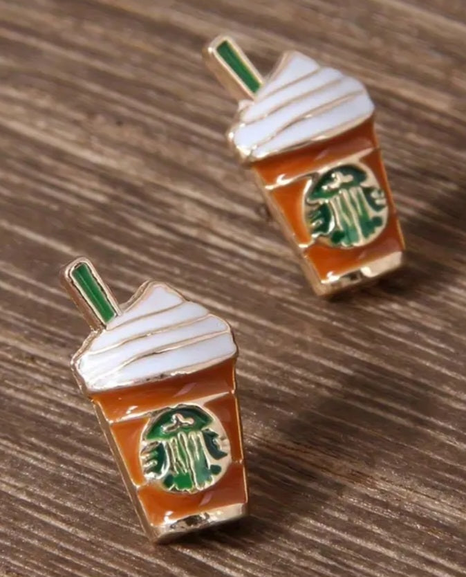 Enamel Iced Coffee Frappe Starbucks Inspired Design Metal Stud Earrings