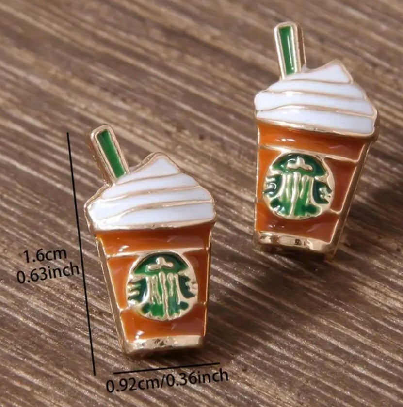 Enamel Iced Coffee Frappe Starbucks Inspired Design Metal Stud Earrings