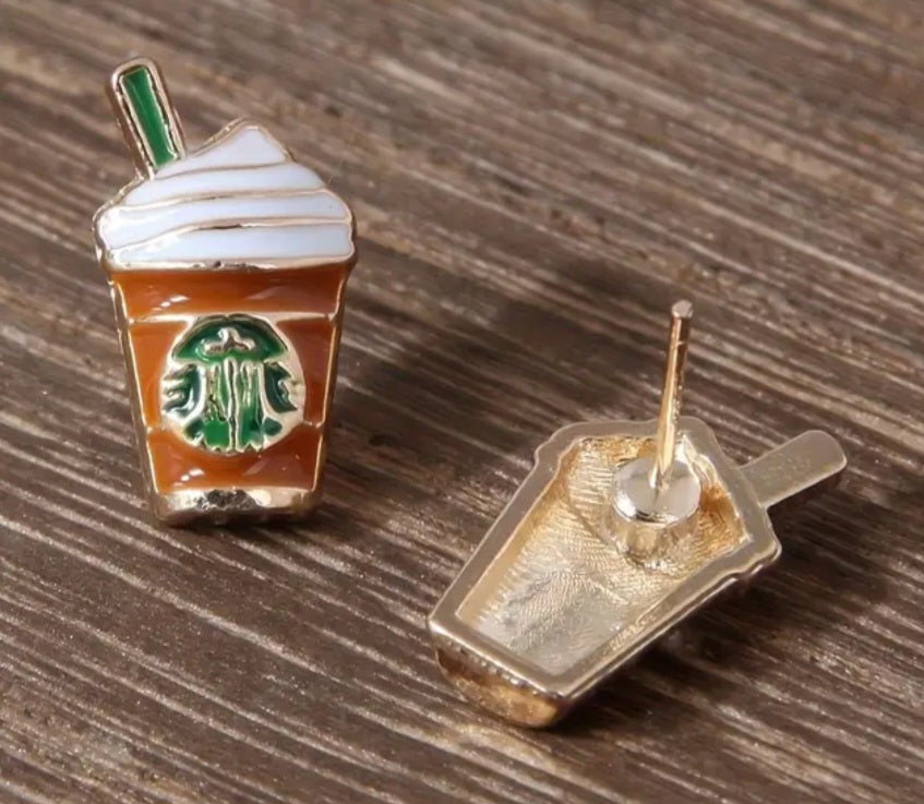 Enamel Iced Coffee Frappe Starbucks Inspired Design Metal Stud Earrings