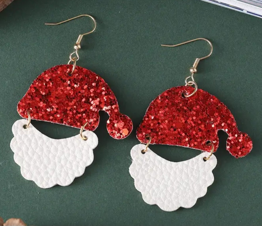 Christmas Festive Santa Hat And Beard Sparkle Vegan PU Leather Drop Dangle Earrings