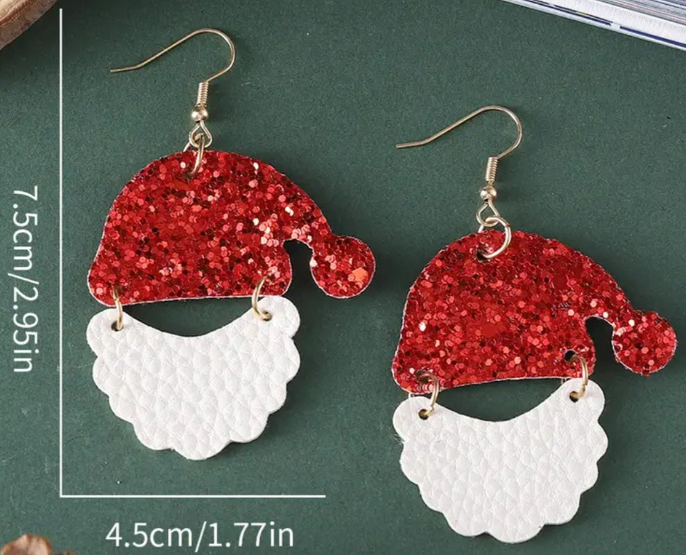 Christmas Festive Santa Hat And Beard Sparkle Vegan PU Leather Drop Dangle Earrings